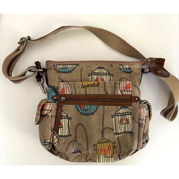 Fossil Handbags - Fossil Canvas Crossbody Bag Purse Birdcage Design Lemon Pattern Interior